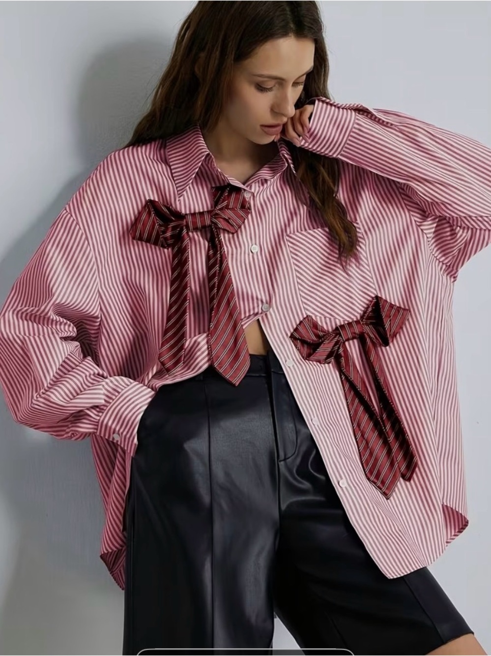 Women's Pink Striped Button-Up Shirt with Bow Accents